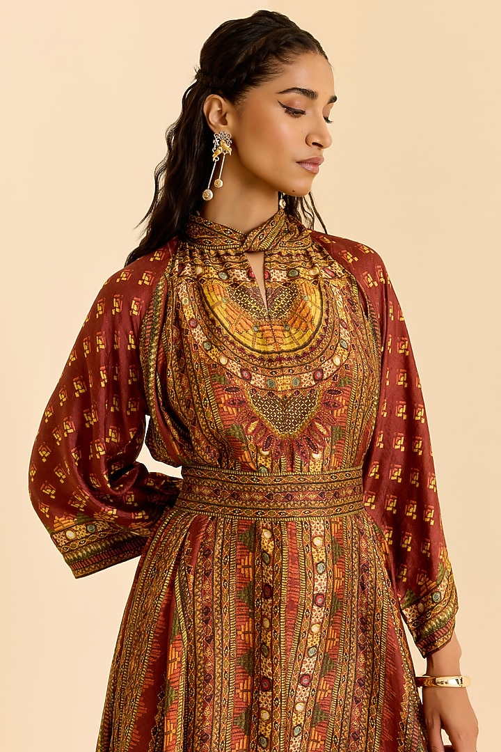 Brown Murshidabad Silk Geometric Printed Vacation Dress by Ritu Kumar at Pernia's Pop Up Shop