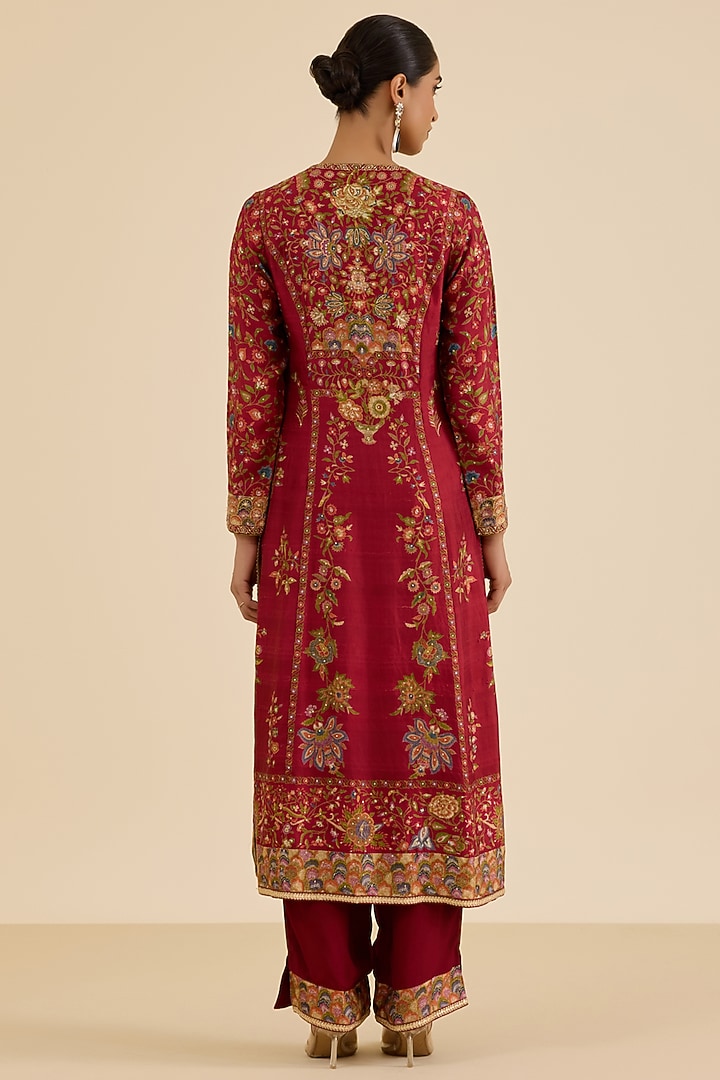 Burgundy Silk Crepe Floral Printed & Hand Embroidered Kurta Set by Ritu Kumar at Pernia's Pop Up Shop