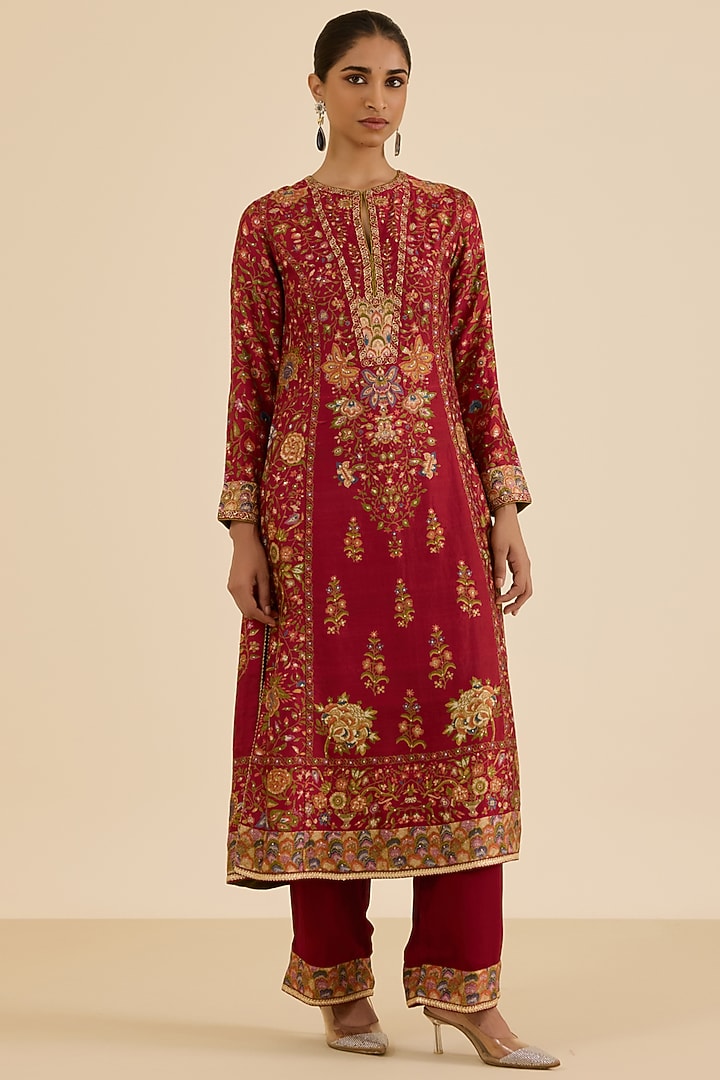 Burgundy Silk Crepe Floral Printed & Hand Embroidered Kurta Set by Ritu Kumar at Pernia's Pop Up Shop