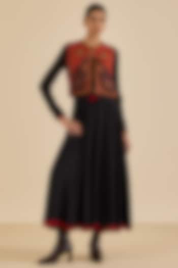 Black Rayon Crepe Midi Vacation Dress With Jacket by Ritu Kumar at Pernia's Pop Up Shop