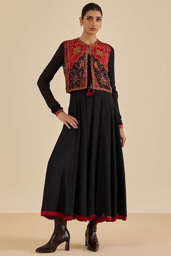 Black Rayon Crepe Midi Vacation Dress With Jacket by Ritu Kumar at Pernia's Pop Up Shop