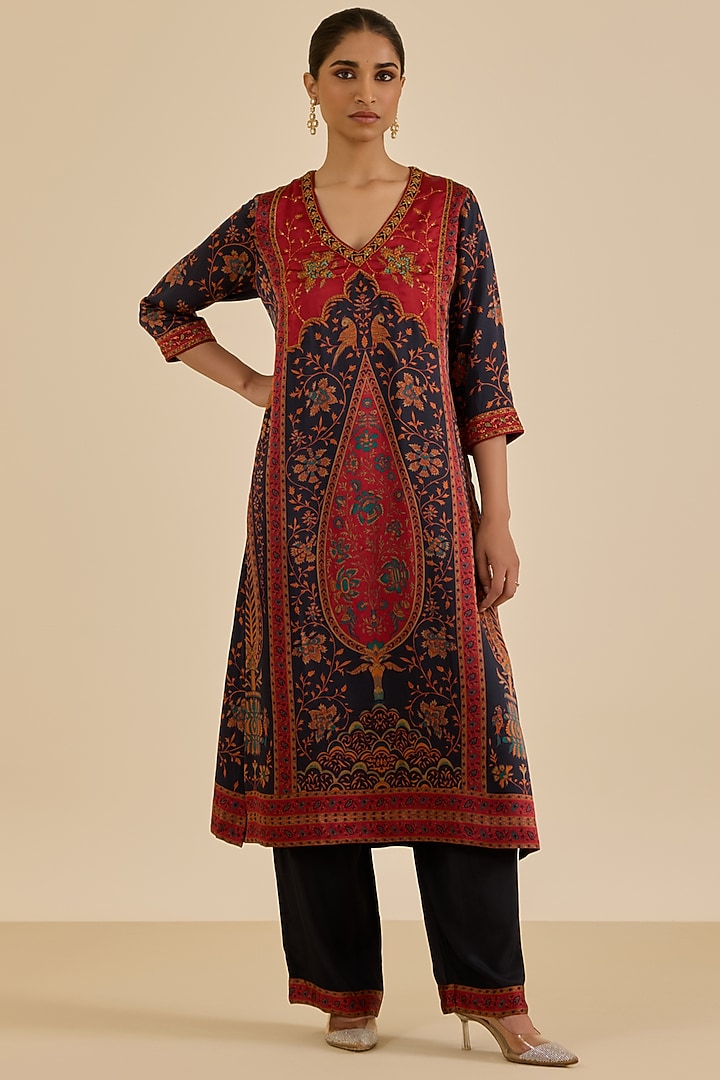 Burgundy Silk Crepe Floral Printed & Hand Embroidered Kurta Set by Ritu Kumar at Pernia's Pop Up Shop
