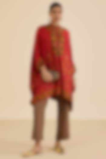 Red Murshidabad Silk Floral Printed & Hand Embroidered Kaftan by Ritu Kumar at Pernia's Pop Up Shop