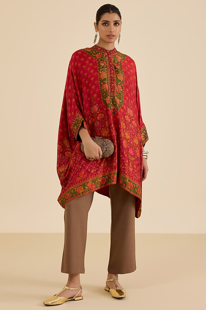 Red Murshidabad Silk Floral Printed & Hand Embroidered Kaftan by Ritu Kumar at Pernia's Pop Up Shop
