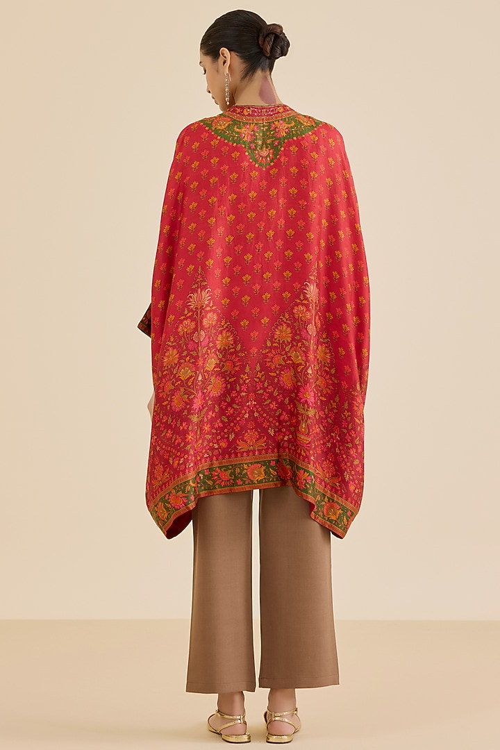 Red Murshidabad Silk Floral Printed & Hand Embroidered Kaftan by Ritu Kumar at Pernia's Pop Up Shop
