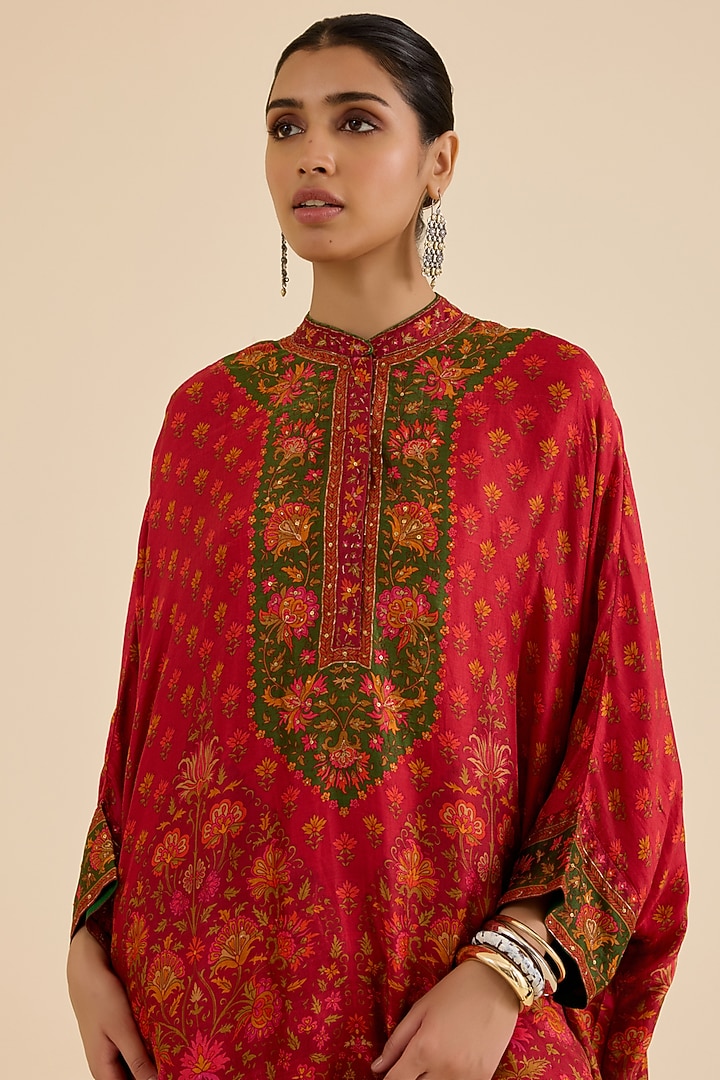 Red Murshidabad Silk Floral Printed & Hand Embroidered Kaftan by Ritu Kumar at Pernia's Pop Up Shop