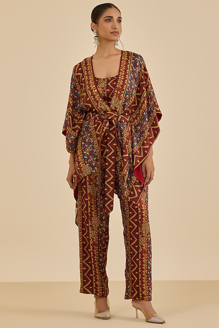 Burgundy Rayon Crepe Floral Printed Cape Set by Ritu Kumar at Pernia's Pop Up Shop