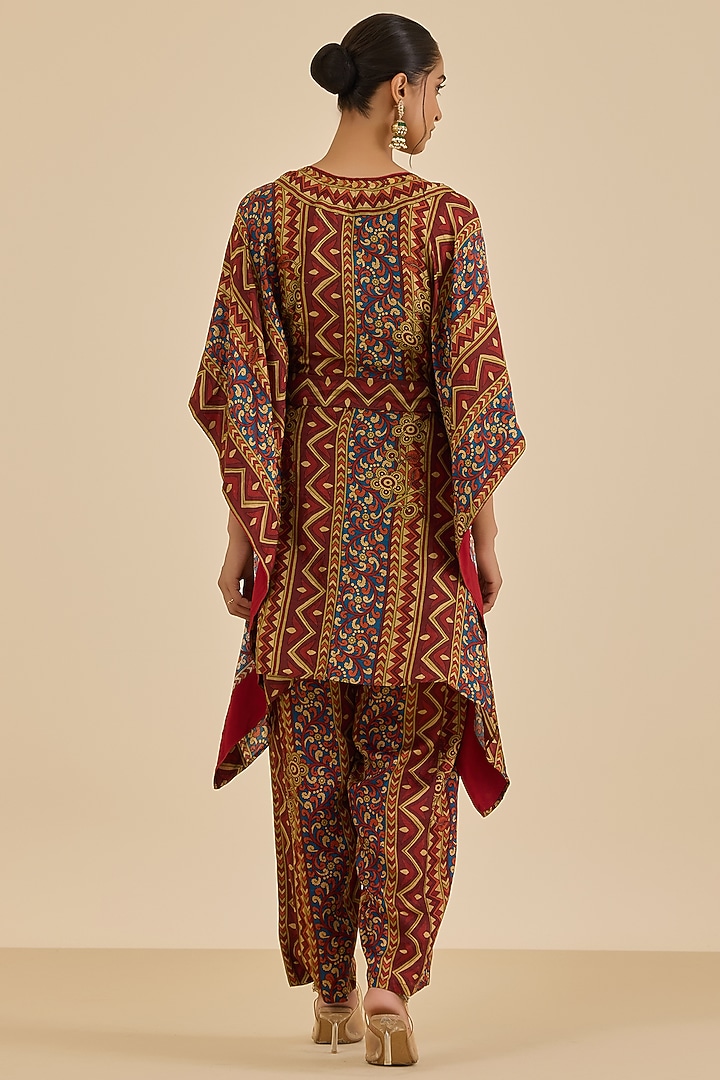 Burgundy Rayon Crepe Floral Printed Cape Set by Ritu Kumar at Pernia's Pop Up Shop