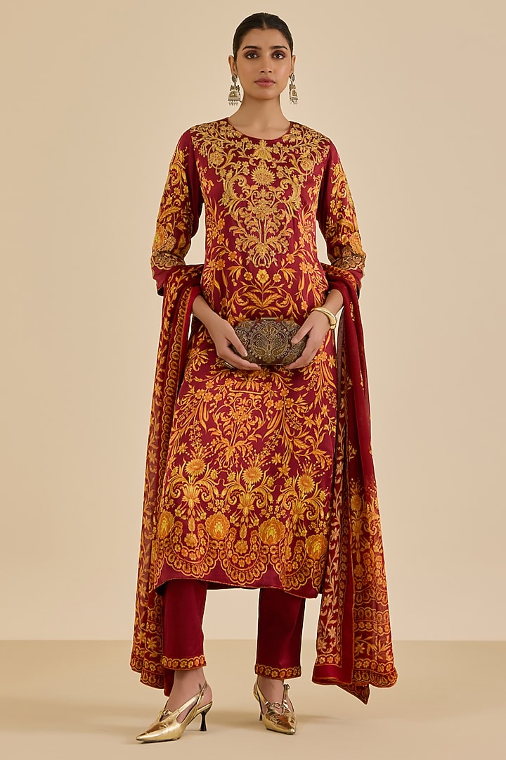 Burgundy Silk Satin Floral Printed & Embroidered Kurta Set by Ritu Kumar at Pernia's Pop Up Shop