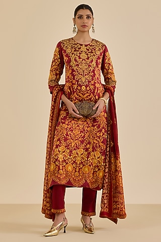 Burgundy Silk Satin Floral Printed & Embroidered Kurta Set by Ritu Kumar