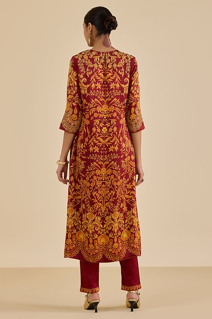 Burgundy Silk Satin Floral Printed & Embroidered Kurta Set by Ritu Kumar at Pernia's Pop Up Shop