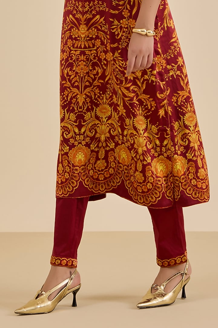 Burgundy Silk Satin Floral Printed & Embroidered Kurta Set by Ritu Kumar at Pernia's Pop Up Shop