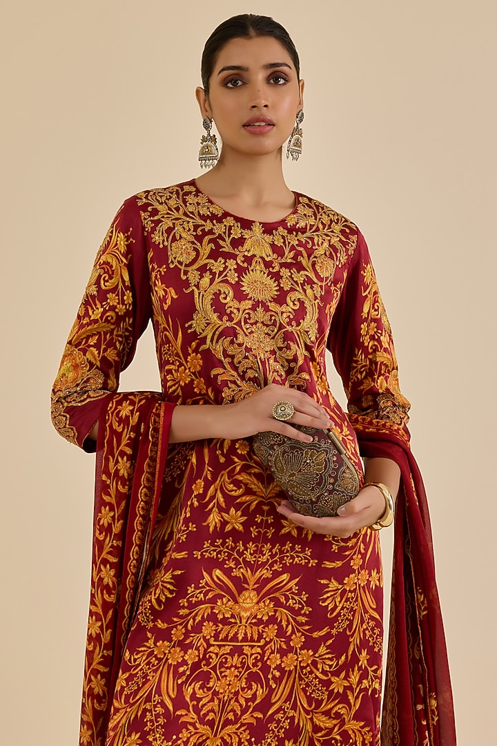 Burgundy Silk Satin Floral Printed & Embroidered Kurta Set by Ritu Kumar at Pernia's Pop Up Shop