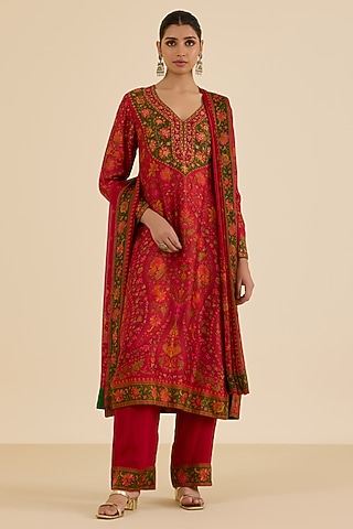 Red & Multi-Colored Silk Crepe Printed Kurta Set by Ritu Kumar