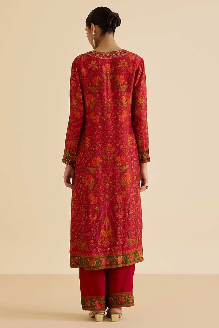 Red & Multi-Colored Silk Crepe Printed Kurta Set by Ritu Kumar at Pernia's Pop Up Shop