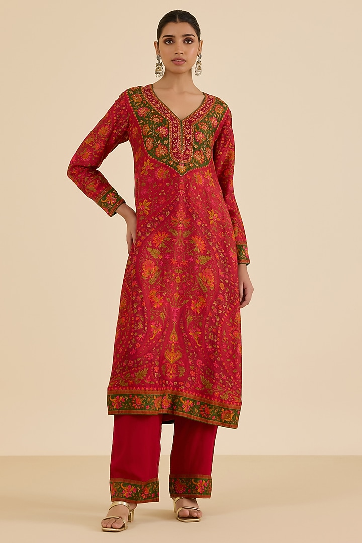 Red & Multi-Colored Silk Crepe Printed Kurta Set by Ritu Kumar at Pernia's Pop Up Shop