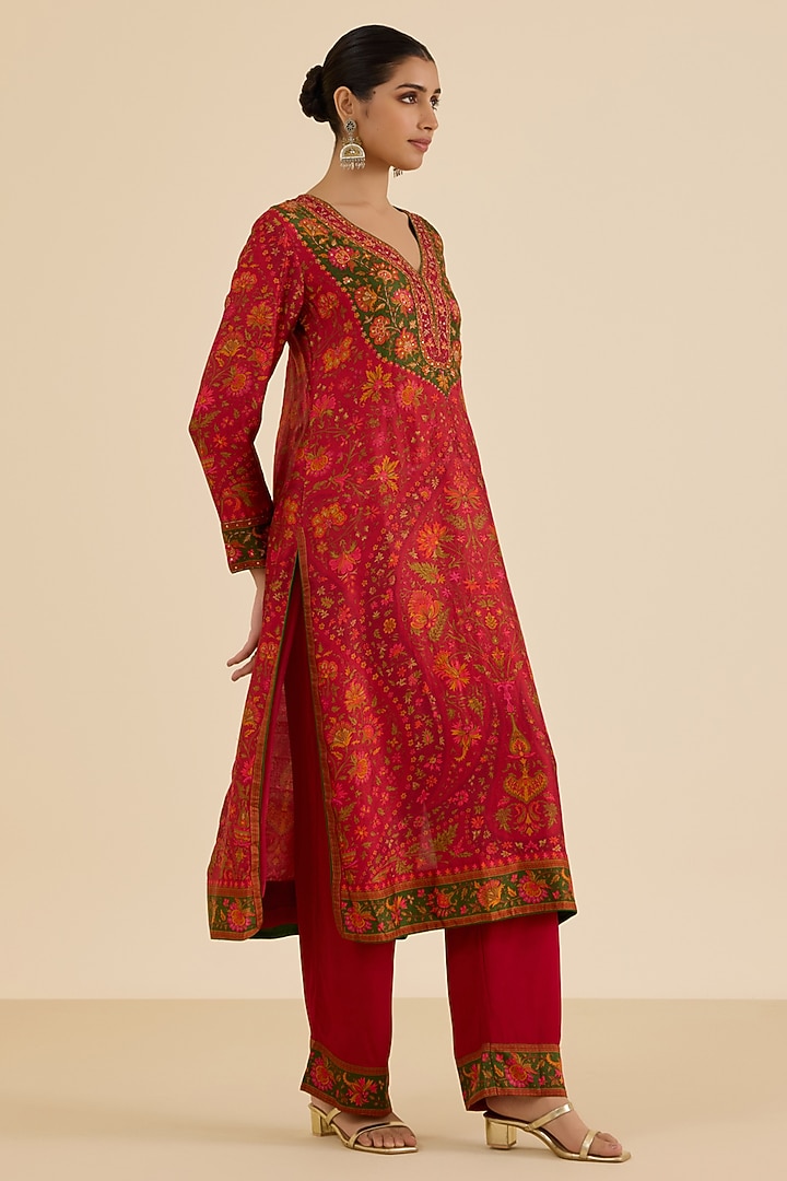 Red & Multi-Colored Silk Crepe Printed Kurta Set by Ritu Kumar at Pernia's Pop Up Shop