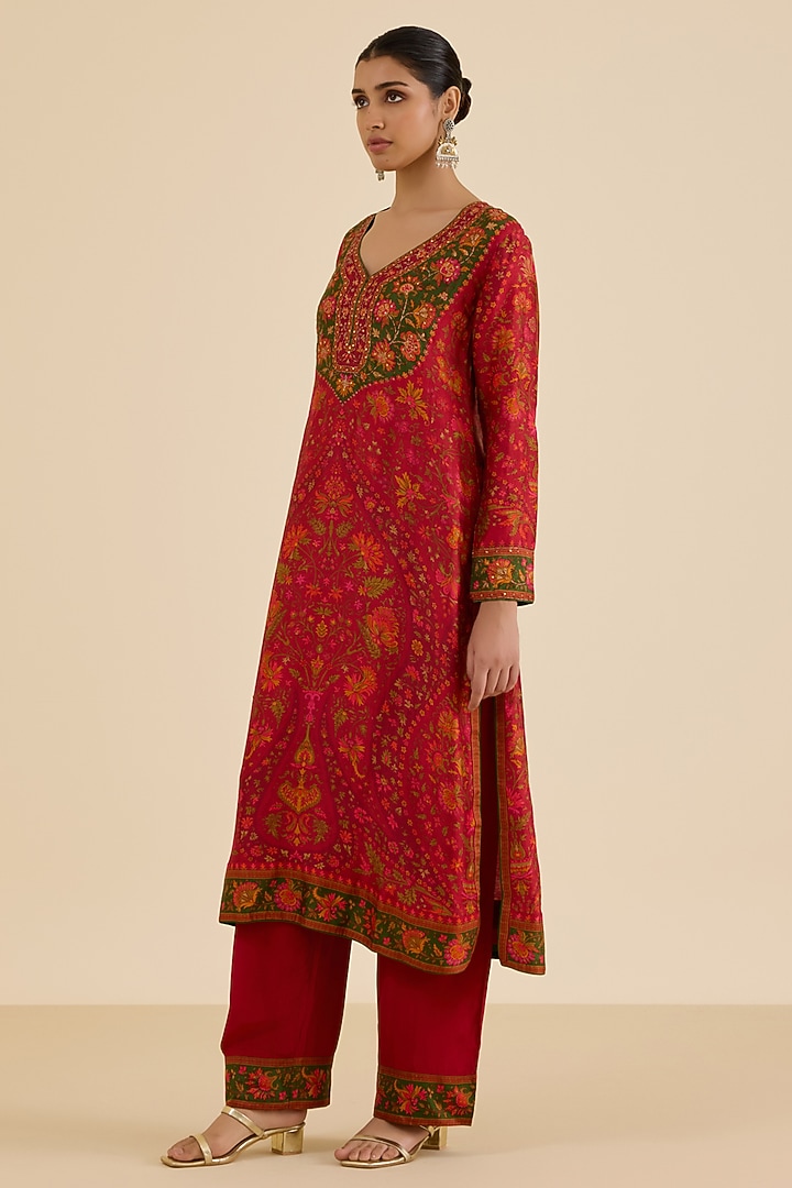 Red & Multi-Colored Silk Crepe Printed Kurta Set by Ritu Kumar at Pernia's Pop Up Shop