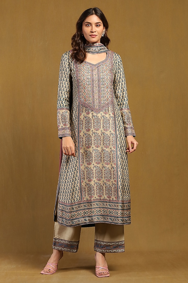 Beige & Tapestry Blue Murshidabad Silk Printed Kurta Set by Ritu Kumar at Pernia's Pop Up Shop