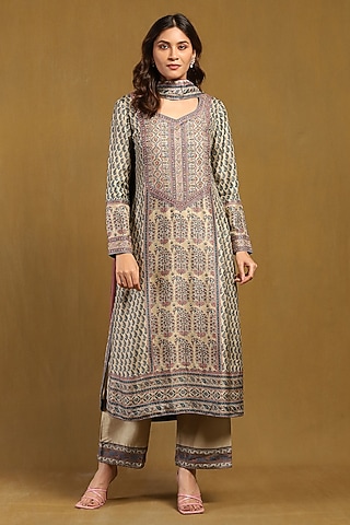 Beige & Tapestry Blue Murshidabad Silk Printed Kurta Set by Ritu Kumar