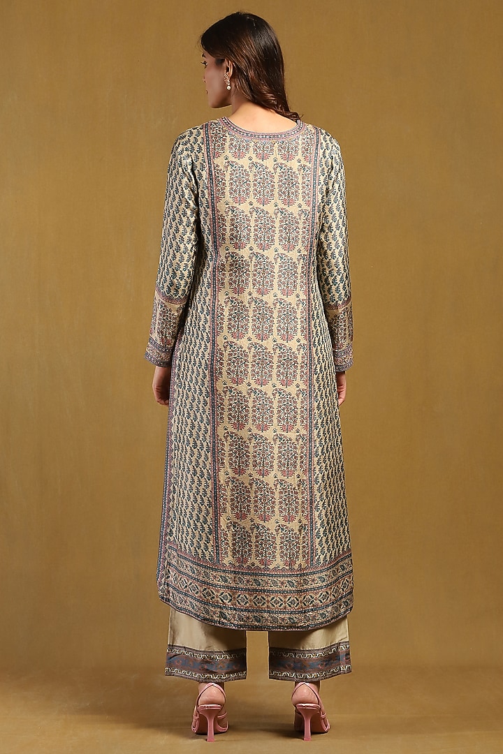 Beige & Tapestry Blue Murshidabad Silk Printed Kurta Set by Ritu Kumar at Pernia's Pop Up Shop