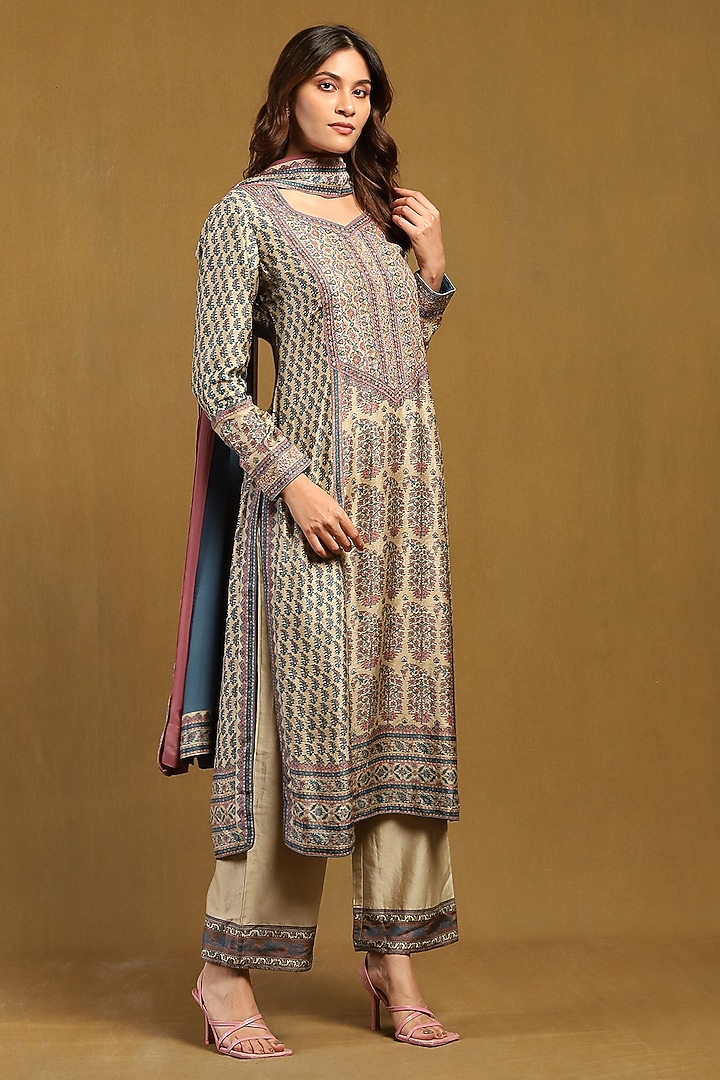 Beige & Tapestry Blue Murshidabad Silk Printed Kurta Set by Ritu Kumar at Pernia's Pop Up Shop