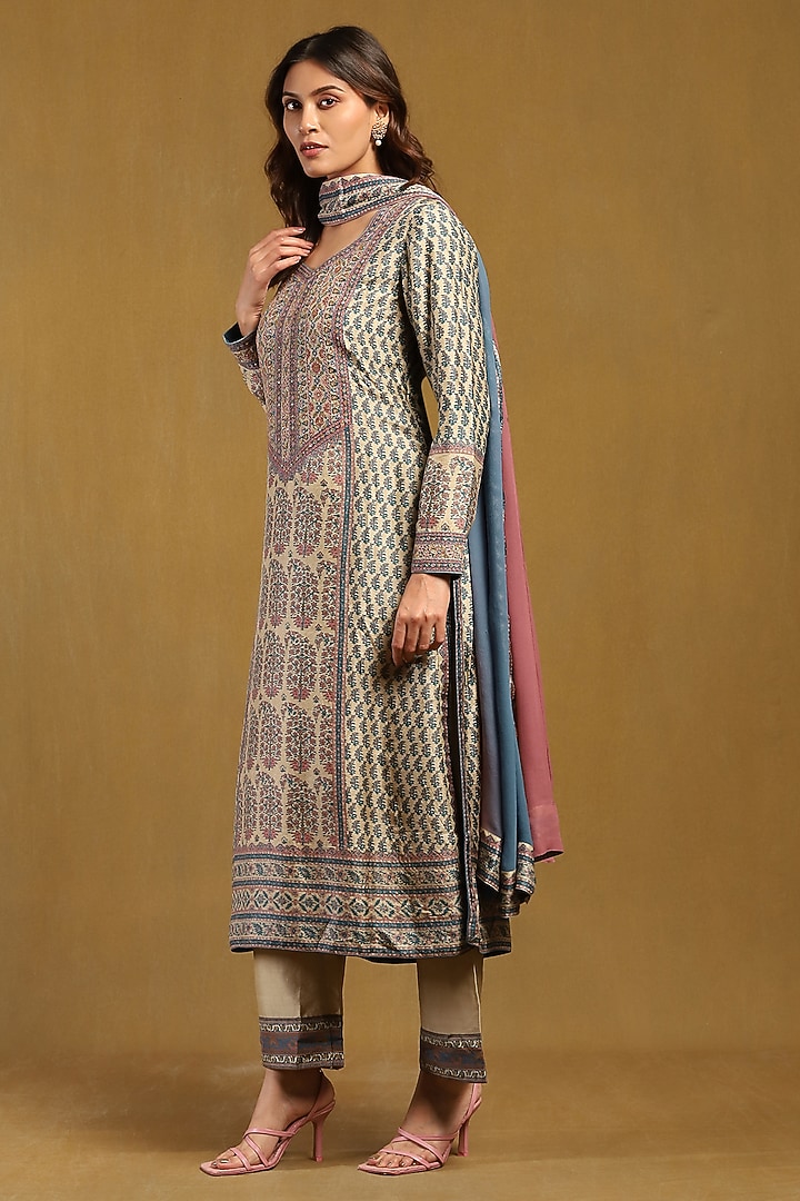 Beige & Tapestry Blue Murshidabad Silk Printed Kurta Set by Ritu Kumar at Pernia's Pop Up Shop