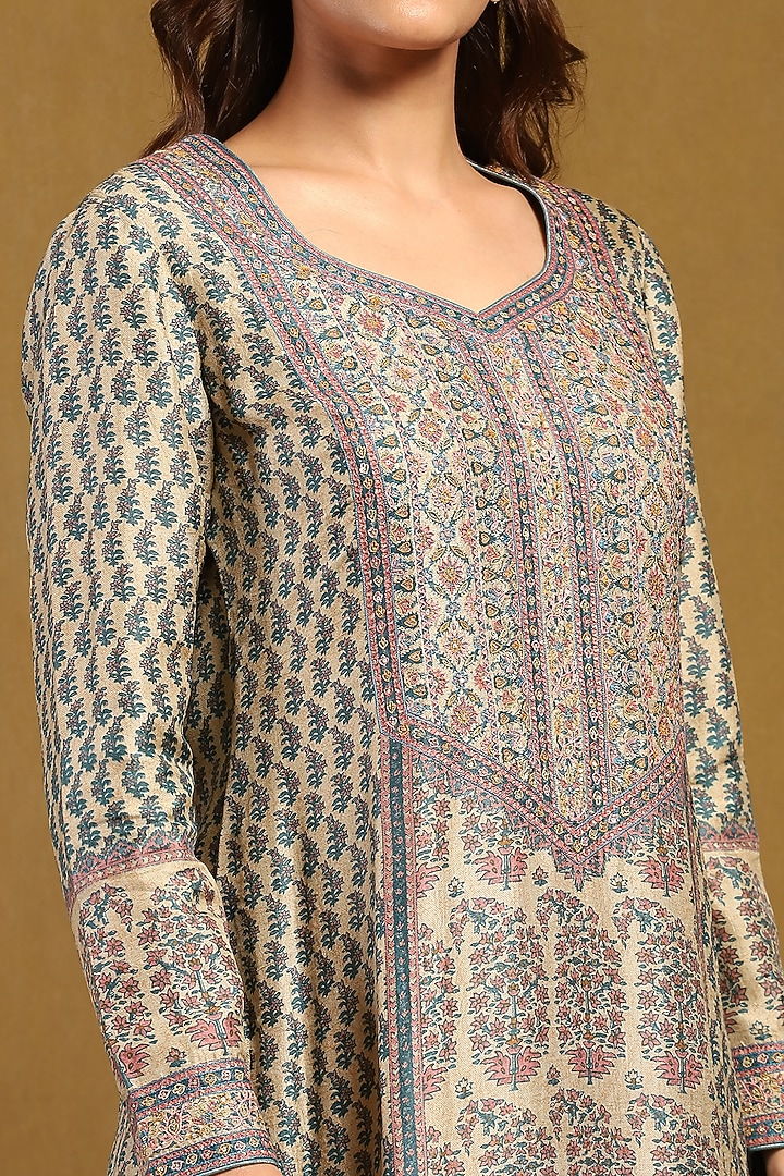 Beige & Tapestry Blue Murshidabad Silk Printed Kurta Set by Ritu Kumar at Pernia's Pop Up Shop