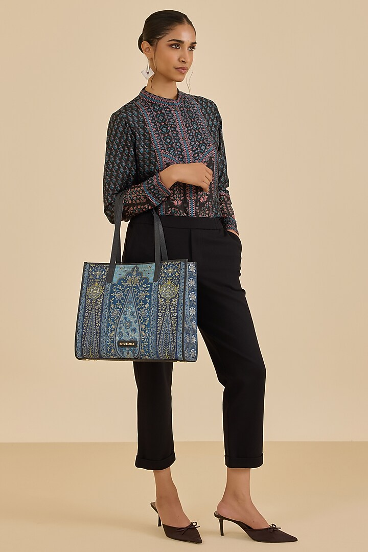 Black & Turquoise Silk Paisley Printed Kurta by Ritu Kumar at Pernia's Pop Up Shop