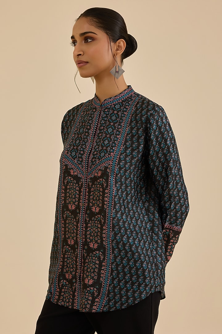 Black & Turquoise Silk Paisley Printed Kurta by Ritu Kumar at Pernia's Pop Up Shop