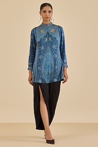 Blue & Turquoise Silk Satin Floral Printed Kurta by Ritu Kumar
