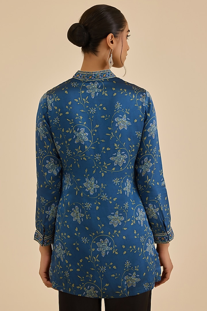 Blue & Turquoise Silk Satin Floral Printed Kurta by Ritu Kumar at Pernia's Pop Up Shop