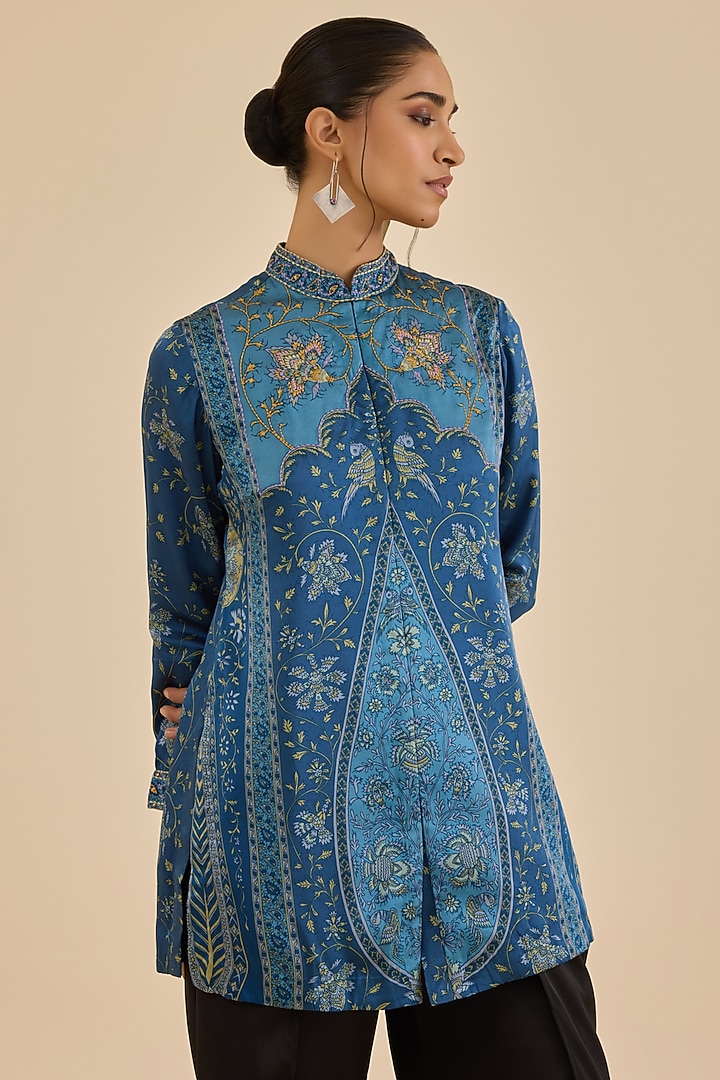 Blue & Turquoise Silk Satin Floral Printed Kurta by Ritu Kumar at Pernia's Pop Up Shop