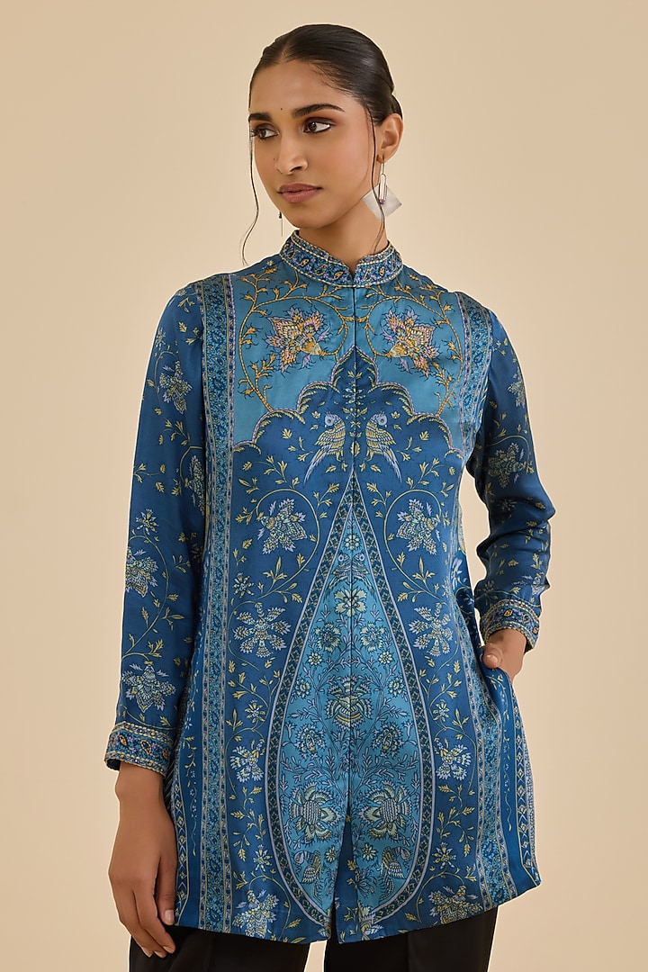Blue & Turquoise Silk Satin Floral Printed Kurta by Ritu Kumar at Pernia's Pop Up Shop