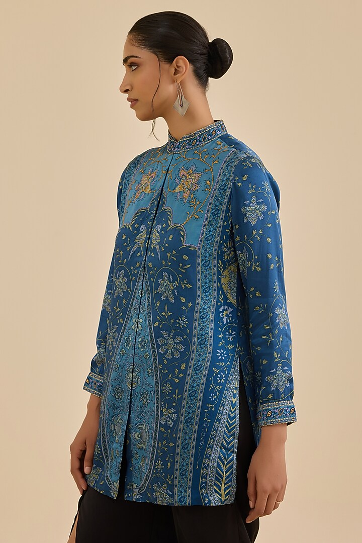 Blue & Turquoise Silk Satin Floral Printed Kurta by Ritu Kumar at Pernia's Pop Up Shop