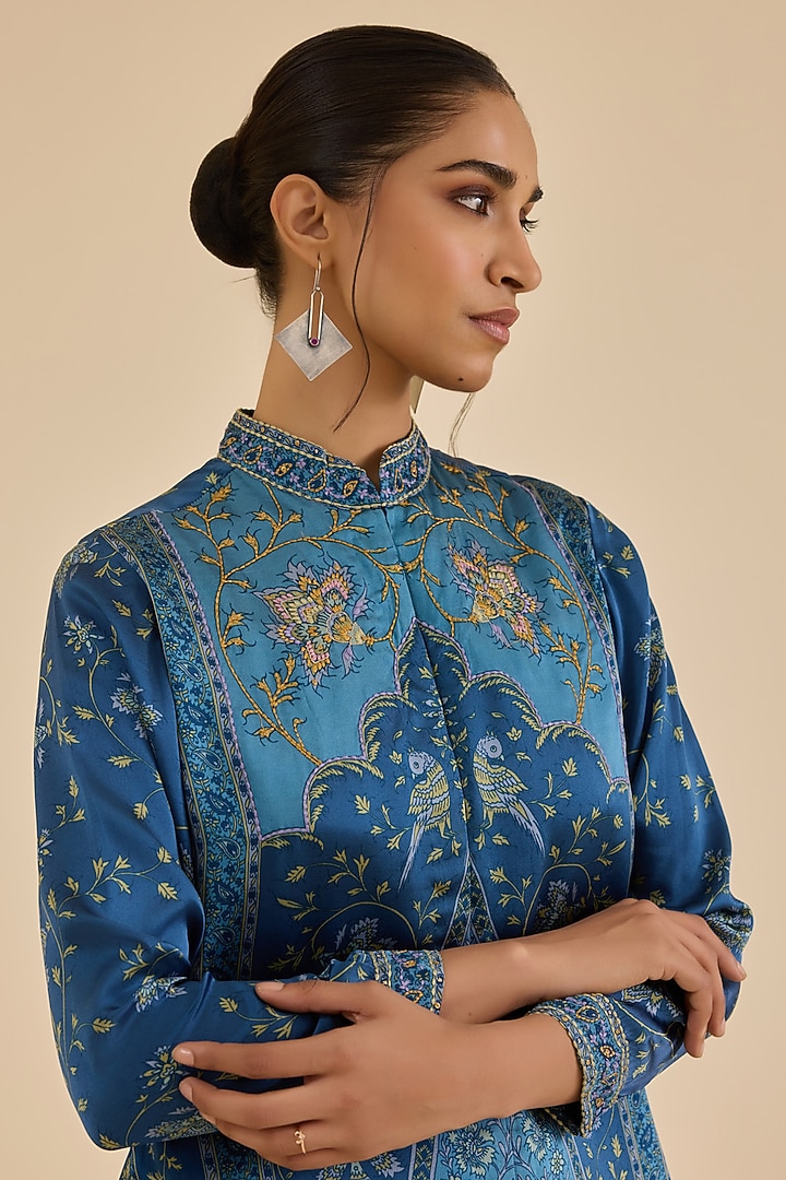 Blue & Turquoise Silk Satin Floral Printed Kurta by Ritu Kumar at Pernia's Pop Up Shop