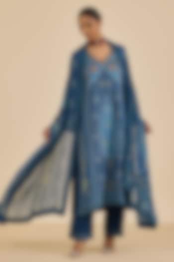 Blue & Turquoise Silk Satin Floral Printed Kurta Set by Ritu Kumar at Pernia's Pop Up Shop