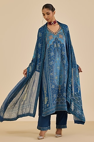 Blue & Turquoise Silk Satin Floral Printed Kurta Set by Ritu Kumar