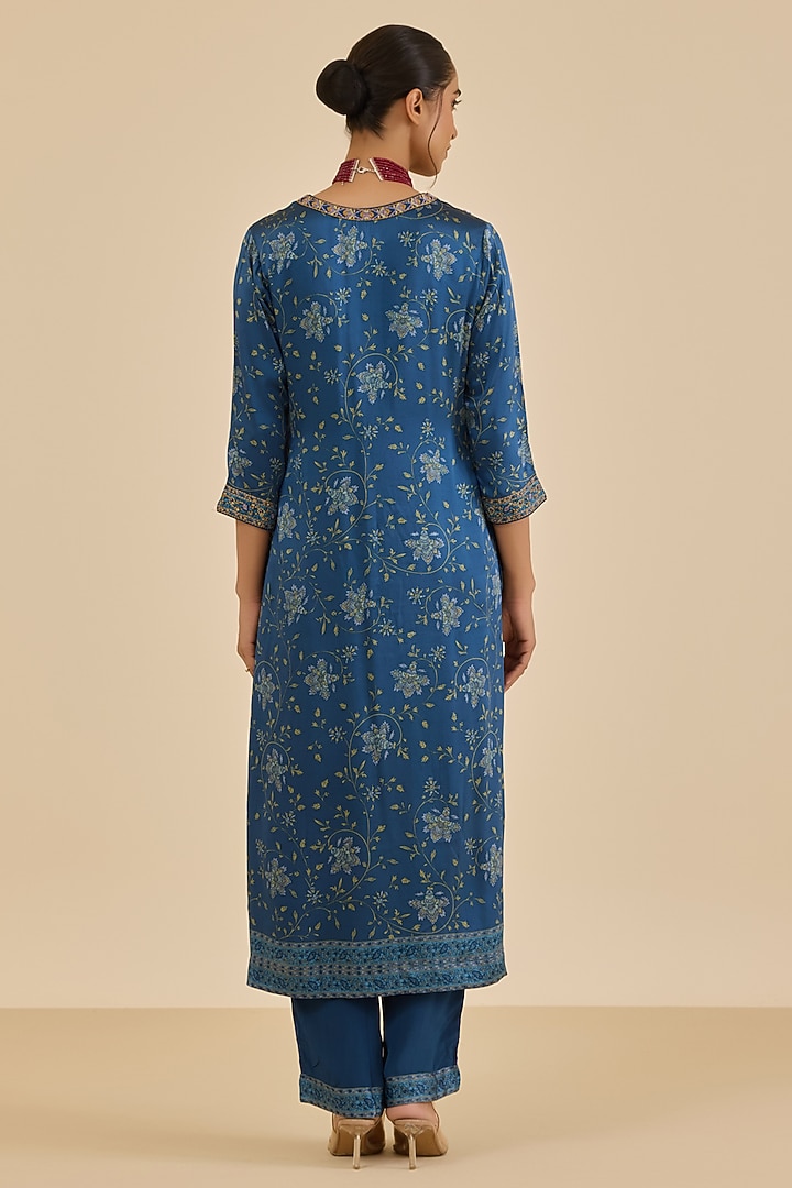 Blue & Turquoise Silk Satin Floral Printed Kurta Set by Ritu Kumar at Pernia's Pop Up Shop