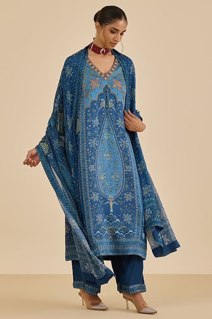 Blue & Turquoise Silk Satin Floral Printed Kurta Set by Ritu Kumar at Pernia's Pop Up Shop