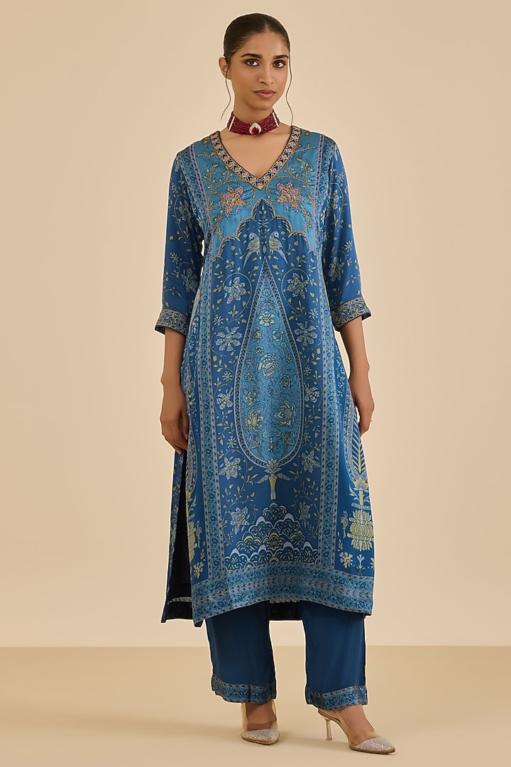 Blue & Turquoise Silk Satin Floral Printed Kurta Set by Ritu Kumar at Pernia's Pop Up Shop