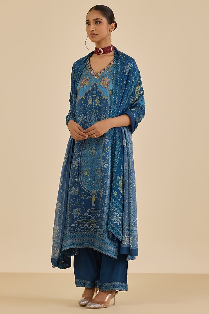 Blue & Turquoise Silk Satin Floral Printed Kurta Set by Ritu Kumar at Pernia's Pop Up Shop