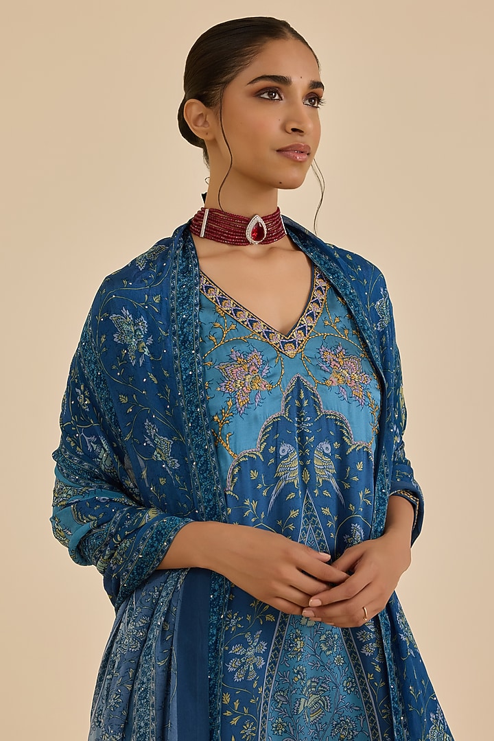 Blue & Turquoise Silk Satin Floral Printed Kurta Set by Ritu Kumar at Pernia's Pop Up Shop
