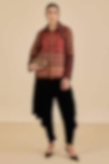 Black & Burgundy Murshidabad Silk Printed Jacket by Ritu Kumar at Pernia's Pop Up Shop