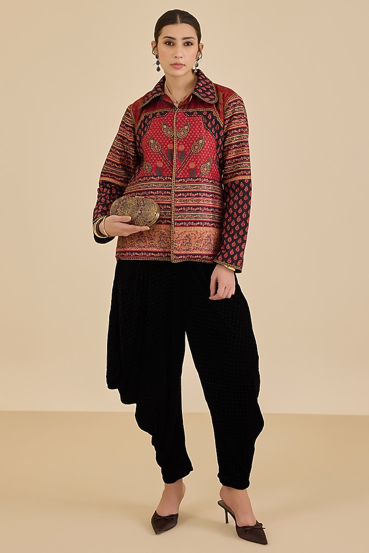 Black & Burgundy Murshidabad Silk Printed Jacket by Ritu Kumar at Pernia's Pop Up Shop