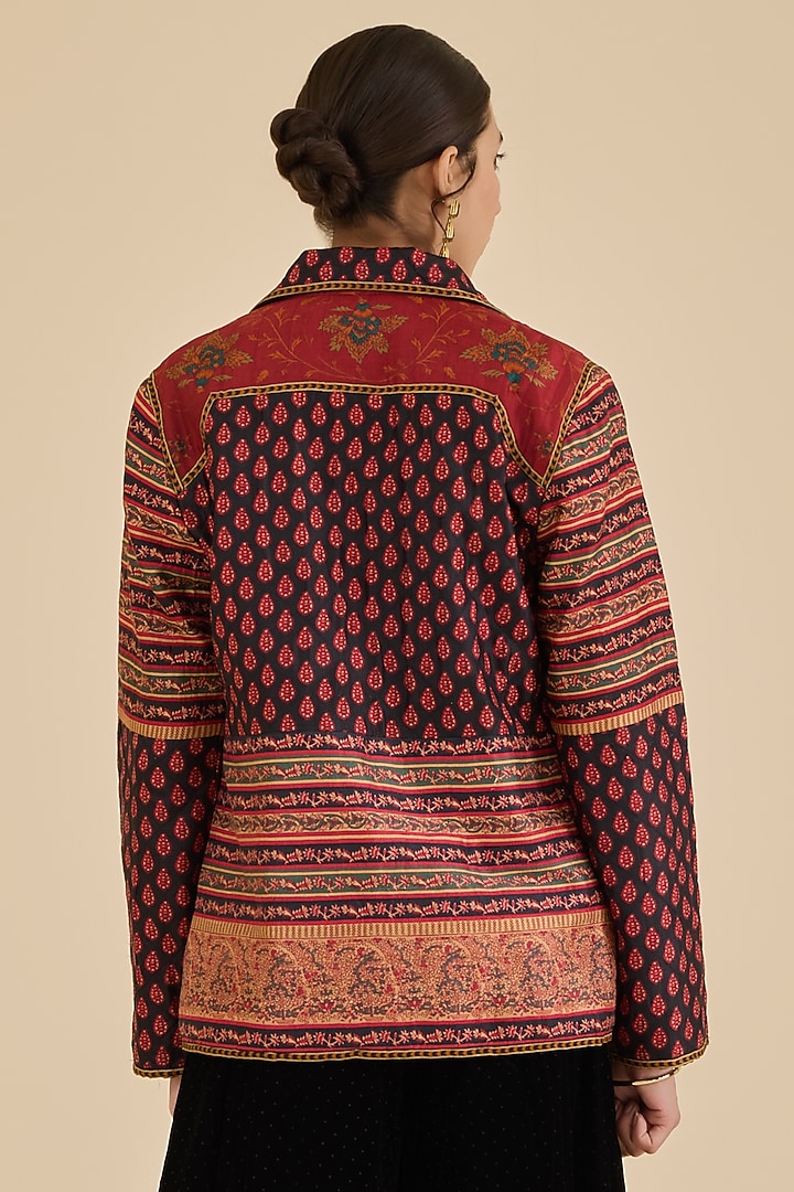 Black & Burgundy Murshidabad Silk Printed Jacket by Ritu Kumar at Pernia's Pop Up Shop