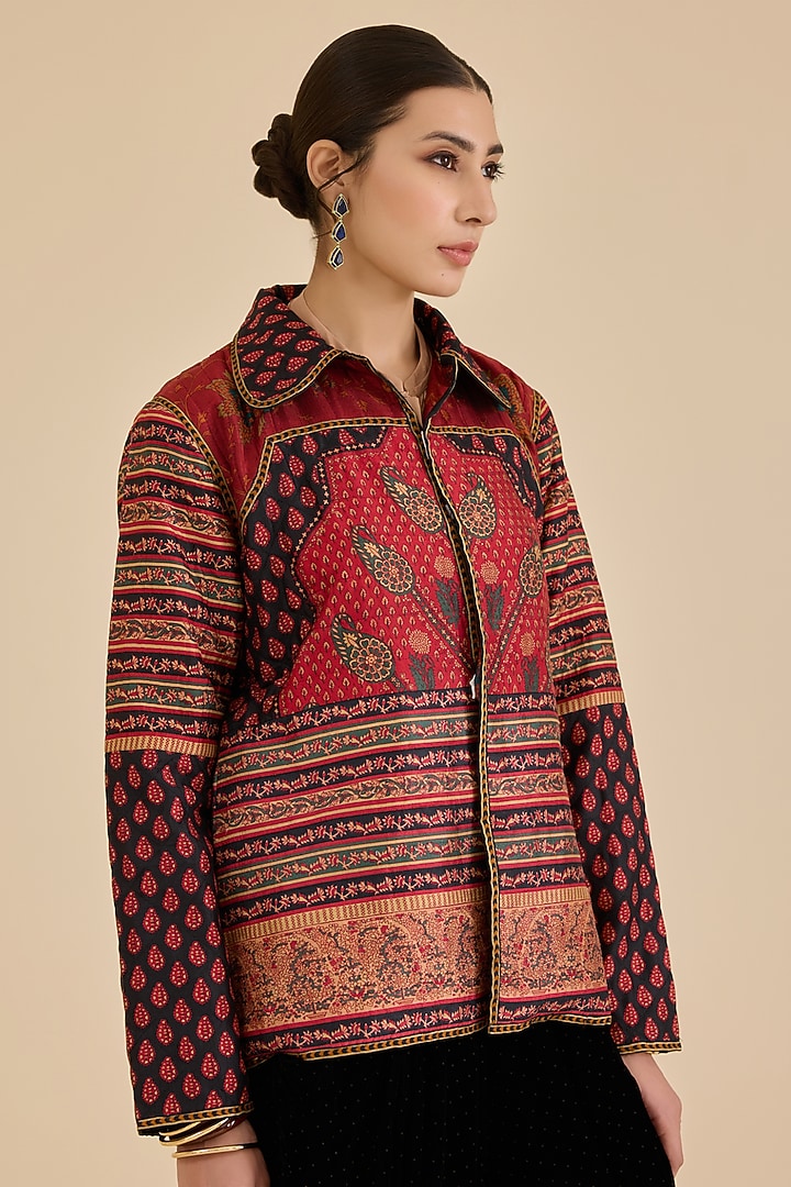 Black & Burgundy Murshidabad Silk Printed Jacket by Ritu Kumar at Pernia's Pop Up Shop