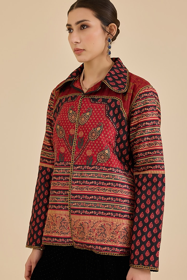 Black & Burgundy Murshidabad Silk Printed Jacket by Ritu Kumar at Pernia's Pop Up Shop