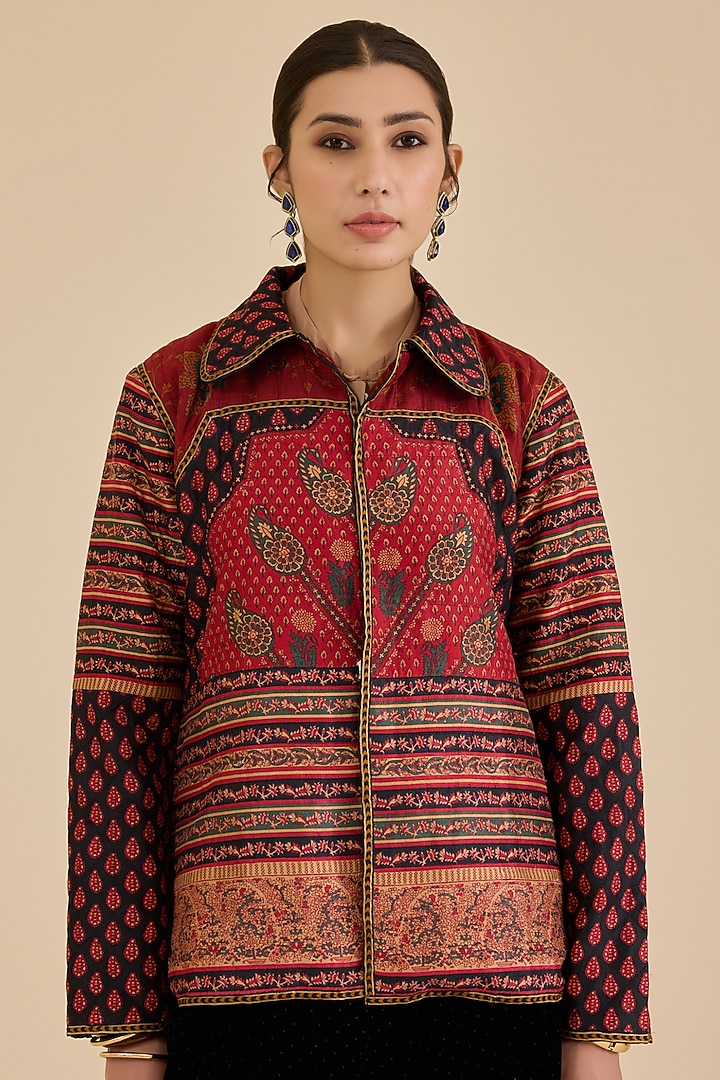 Black & Burgundy Murshidabad Silk Printed Jacket by Ritu Kumar at Pernia's Pop Up Shop