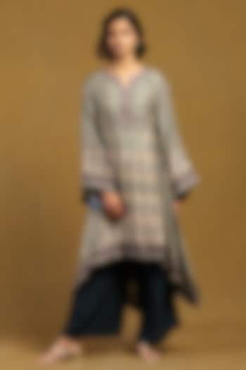 Beige & Tapestry Blue Murshidabad Silk Embroidered Kurta by Ritu Kumar at Pernia's Pop Up Shop